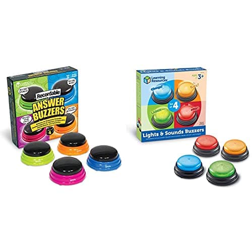 Image of Learning Resources Recordable Answer Buzzers, Personalized Sound Buzzers, Talking Button, Set of 4, Ages 3+ & LER3776 Learning Resources Lights and Sounds Buzzers (Set of 4), Multicoloured