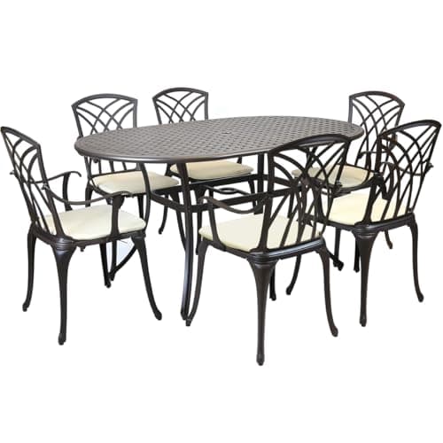 Image of CHARLES BENTLEY Metal Black Cast Aluminium 7 Piece Garden Furniture Table Patio Set With Cream Cushions, For Outdoors, With Central Hole For Parasol, Weatherproof, Bronze, Armchairs (153x90x89cm)