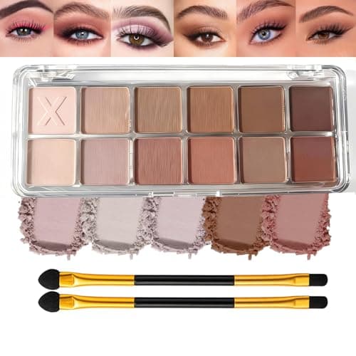 Image of 12 Colour Matte & Shimmer Eyeshadow Palette with Dual-Ended Brushes - 12 Shades Nudes Pinks Greys Browns Earth Tones for Natural Smoky Eye Looks, Daily Makeup Work Party Evening Wear