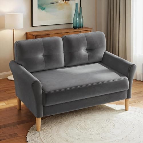 Image of Domusensus 2 Seater Sofa, 123CM Modern Small Sofas, Comfy Couch with Spring Cushion, Velvet Two Seater Sofa With Wood Legs, Love Seat for Living Room, Small Couch for Bedroom, Grey