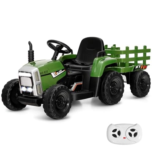 Image of Maxmass Kids Ride on Tractor and Trailer, 12V Battery Powered Ride on Toy Car with Remote Control, USB, Bluetooth, Music, Horn, Electric Vehicle Construction Car for 3+ Years Old (Dark Green)