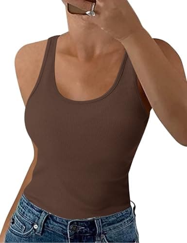 Image of Aottori Brown Vest Top Women Summer Tank Tops Sleeveless Round Neck Ribbed Basic Camisole Stretch Solid Casual Cami Shirts Brown S