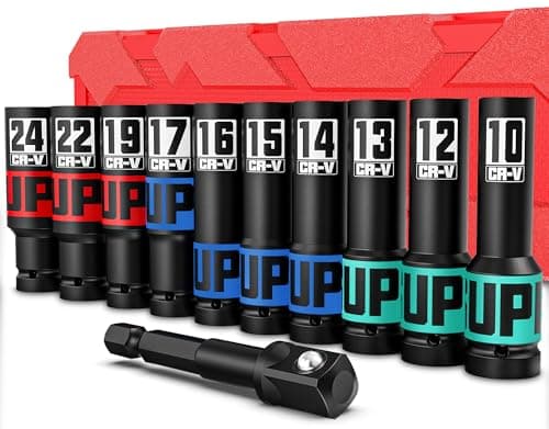 Image of Aurlloct 1/2" Drive Impact Socket Set, 11Pcs Deep Sockets, 10-24 mm Hex Long Socket Set, with 1/4" Hex Shank to 1/2" lmpact Square Drive, Repair Automotive Truck Tractor Engine Maintenance
