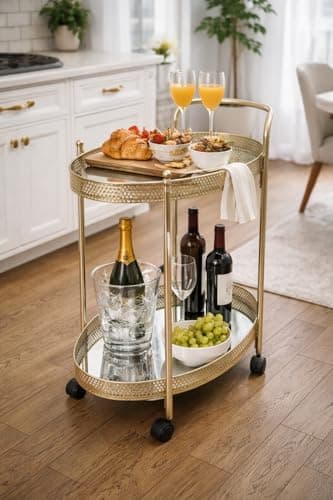 Image of spot on dealz® Drinks Trolley Champagne Gold Kitchen serving cart with Two Glass Shelves Mini Bar Drinks Table With Wheels