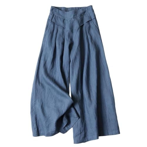 Image of Wide Leg Linen Trousers for Women UK Palazzo Pants Casual High Waist Flowy Cropped Culottes Pants Yoga Sweatpants Cotton Linen Summer Harem Trousers Navy