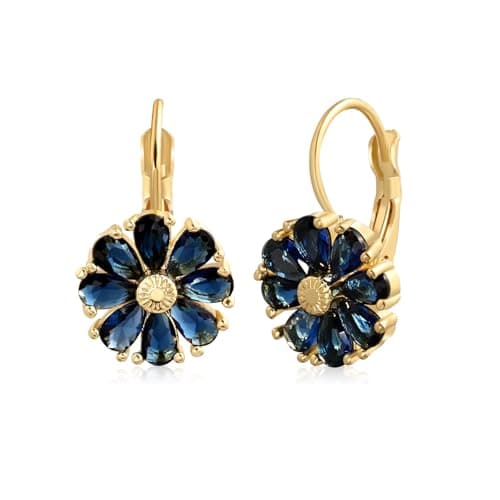 Image of Aliyoham Sapphire Flower Earrings for Women, 14K Gold Plated Leverback with Blue Crystals, Hypoallergenic Dainty Jewelry