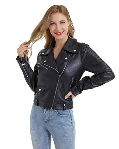 Image of DIASHINY Black Cropped Faux Leather Jacket For Women PU Slim Zip Up Moto Biker Coat Motorcycle Crop Short Jacket 013 Large
