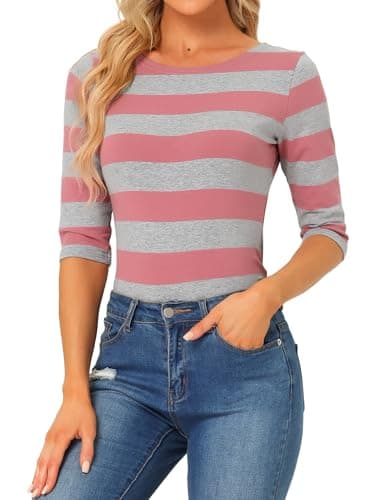 Image of Allegra K Women's Striped Shirt Elbow Sleeve Slim Fit Tops Casual Basic Boat Neck Top Medium Pink Gray