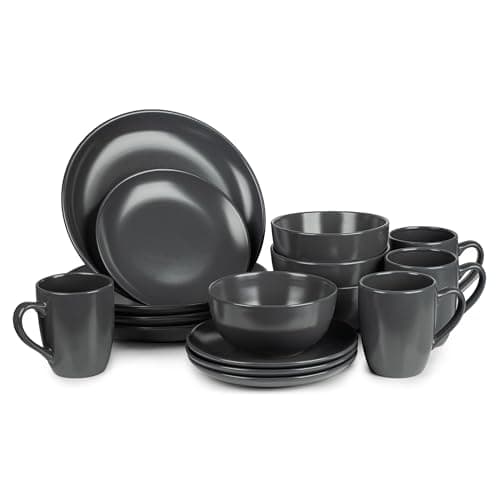 Image of Dinnerware Set - Ceramic Amalfi Kitchen Dinner Sets (Charcoal, 16 Piece Dinner Set)