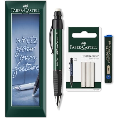 Image of Faber-Castell Grip Plus Mechanical Pencil + 12 x 0.7mm HB Refill Leads + Eraser Refills in Envelope Packaging (Green Barrel)