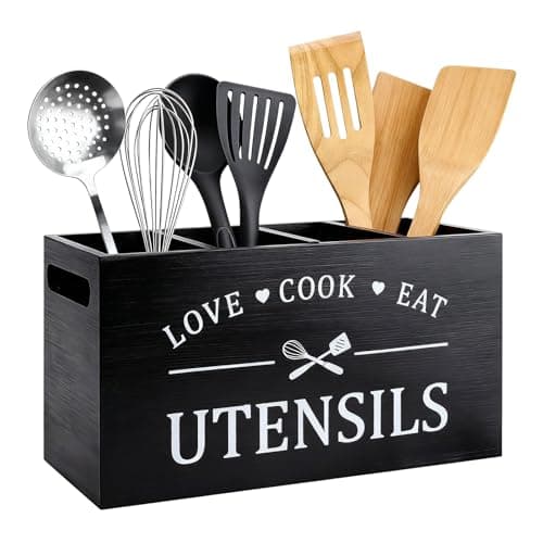 Image of Kitchen Utensils Holder, 4 Compartment Wood Cutlery Holder with Drainage Bottom Removable Divider, Farmhouse Utensil Organiser Cutlery Caddy, Wooden Cooking Tools Storage for Countertop (Black)