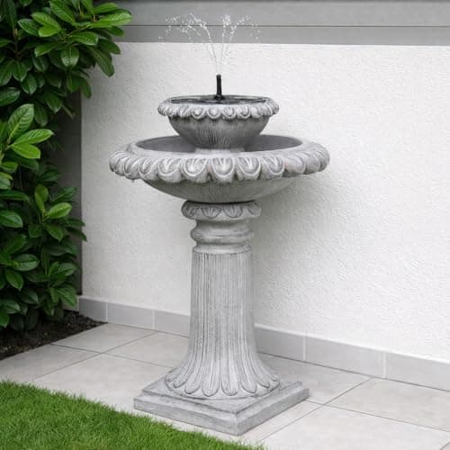 Image of Festive Lights - 81cm Victoriana Solar Water Feature Bird Bath - Cascading Grey Stone Effect Fountain with Bright White LED, Integrated Solar Panel, IP44 Outdoor Garden Feature