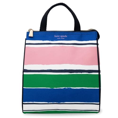 Image of kate spade new york Cute Lunch Bag for Women, Large Capacity Lunch Tote, Adult Lunch Box with Silver Thermal Insulated Interior Lining and Storage Pocket, Ocean Stripe