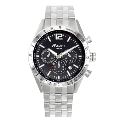 Image of Ravel Pro - Round Stainless Steel Chronograph Watch with Date - 100m Water Resistant - Analogue Quartz - RPR-006MB - Stainless Steel Bracelet/Black Dial