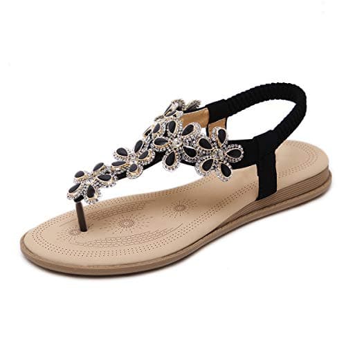 Image of iCKER Women's Flat Sandals Ladies Thong Flat Sandals Bohemian Beaded Strap Sandals Diamante Rhinestone Leather Sandals, 7UK(label size 41), Black