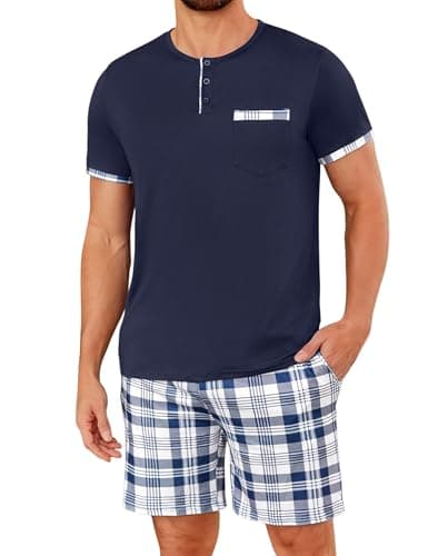 Image of Uniexcosm Summer Mens Nightwear Short Set Short Sleeve Cotton Pyjamas Men Loungewear Dark blue -2 XXL