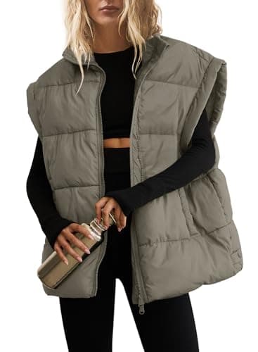 Image of SENSERISE Womens Oversized Puffer Vest Quilted Vest Zip Up Padded Gilet Puffy Coats Bubble Jacket Outerwear with Pockets, Olive, S