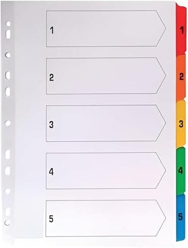 Image of Indigo® A4 File Dividers – 5 Part Index with Multicolour Tabs, White Card, Mylar-Reinforced, Multipunched – Pack of 1 for Binders & Filing