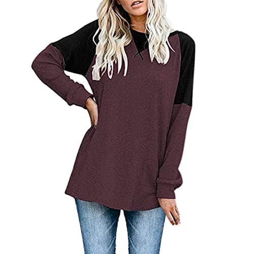 Image of PRJN Women's Long Sleeve Tops Striped T Shirts Round Neck Pullover Tunic Casual T-shirt Lattice Stitching Crew Neck shirt Loose Wild Long-sleeved Leisure Sweatshirt Jacket Loose Pullover