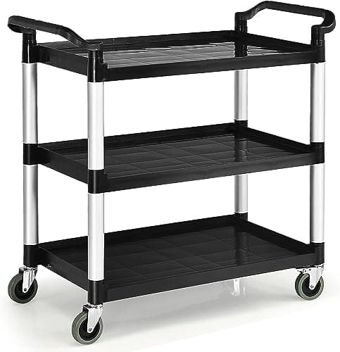 Image of COSTWAY Rolling Trolley Cart, 3 Tier Mobile Utility Storage Organiser Shelves with Swivel Wheels and Handle, Multi-Purpose Serving Cart for Kitchen Garage Workshop Transport (Aluminum+PP, 103x49x98cm)