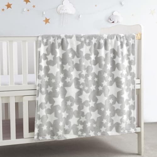 Image of CREVENT Cozy Soft Warm Fleece Baby Blanket for Girls Boys, Newborn Essentials for Infant, Baby Shower Receiving Gift - Star Grey 75X100cm