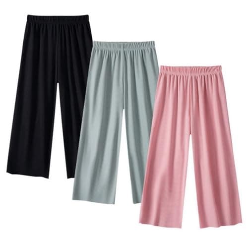 Image of AOOPOO 3 Pack Girls Summer Wide Leg Trousers Children's Culotte Girls Elastic Casual Lightweight Breathable Thin Jogging Bottoms Loose Long Trousers 2-13 Years