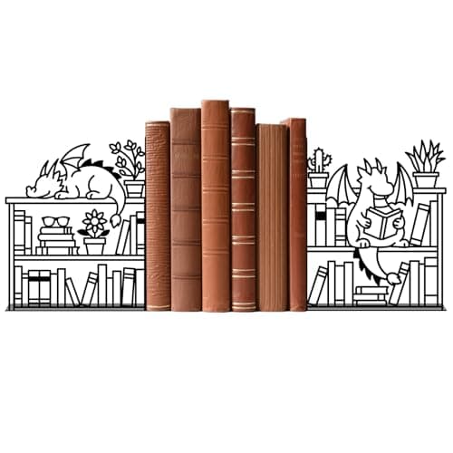 Image of TWINKLEMON 1 Pair Book Ends for Shelves, Creative Black Metal Bookends, Dragon & Bookshelf Shape Book Holder, Quirky Books Organiser Stopper for Home Office Bookworms Bookshelf Accessories(Dragon)