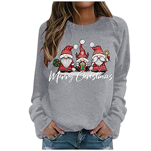 Image of Christmas Jumpers For Women Novelty Christmas Tree Gonk Elf Gnome Doll Print Xmas Sweatshirts Casual Loose Round Neck Fit Tunic Pullover Fleece Sweater Blouse Comfortable Warm Hoodies (12-Grey, XXL)