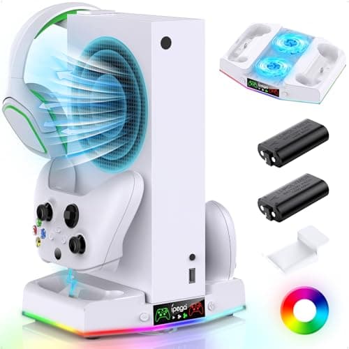 Image of FYOUNG Cooling Stand & Charger Station for Xbox Series S, Upgrade Controller Charging Dock Accessories with 15 RGB LED Light, Cooler Fan System, 2X 1400mAh Rechargeable Battery, Headset Hook-White