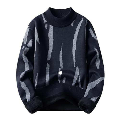 Image of Zanisouta Turtleneck Pullover Men's Casual Knitted Jumper Warm Pullover Knitted Tops Oversized Sweater Y2K Graphic Knitted with Abstract Pattern Fluffy Winter Streetwear, O Navy, XL