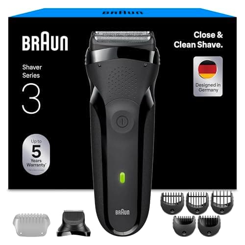 Image of Braun Series 3 Electric Shaver, 300BT, Grey - Dry Razor for Men, 3 Flexible Blades, Beard Trimmer Attachment, +5 Combs, Designed in Germany, Includes Rechargeable Battery