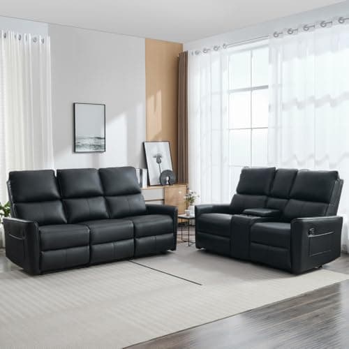 Image of More4Homes MADRID 2+3 SEATER w CONSOLE MANUAL RECLINER AIR LEATHER SOFA SET (Black)