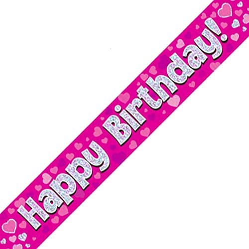 Image of British Ballet® Happy Birthday Banner Pink (2.7m x 13cm) • Party Decoration • Holographic Pennant with Repeating Text • Indoor & Outdoor Use • Reusable Foil Banner in Glitter Pink