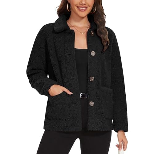 Image of Women's Teddy Fleece Collared Shacket UK Cosy Button-Up Warm Fuzzy Jacket Soft Faux Lamb Wool Overcoat with Pockets Fluffy Coat Ladies Versatile Casual Sherpa Outerwear for Everyday Wear