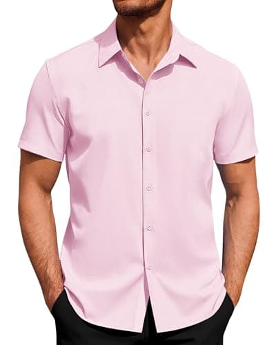 Image of J.VER Mens Short Sleeved Shirts 4-Way Stretch Casual Shirt Regular Fit Non Iron Business Dress Summer Button Down Shirts Pink XL