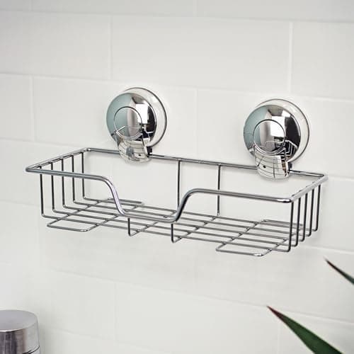 Image of Showerdrape Suctionloc Chrome Steel Suction Wall Mounted Rectangular Basket with Mounting Discs