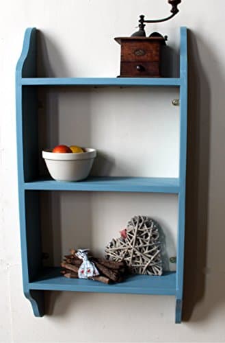Image of Goodwood Originals Three Tier Wooden Shelf Kitchen Wall Unit Blue Bookshelf Bedroom Wall Unit Painted Rustic Storage Wall Mounted Ready Assembled Bookcase