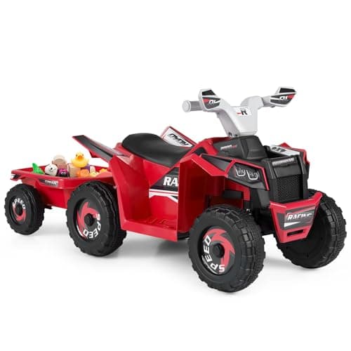 Image of COSTWAY 6V Kids Electric Ride on ATV Car, Battery Powered Quad Bike with Removable Back Trailer, 4 Wear-Resistant Wheels, Forward/Backward/Reverse Button, for Boys Girls 3+ Years Old (Red)