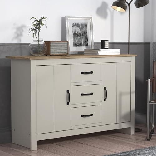 Image of Galano Laverton 2 Door 3 Drawer Sideboard, Storage Cabinet and Organizers, Freestanding Cabinet for Living Room and Entryway – Light Grey/Oak