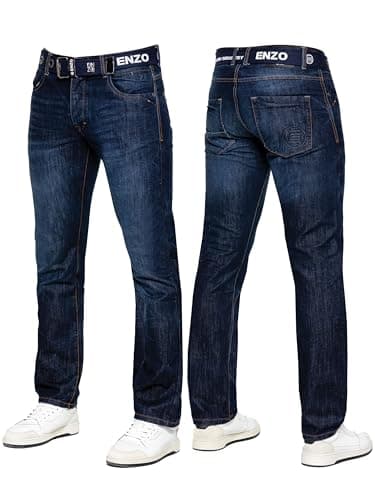 Image of 989Zé ENZO Mens Jeans Classic Straight Leg Casual Cotton Regular Fit Denim Pants Free Belt EZ384 Dark Blue 36W / 30L
