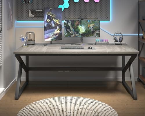 Image of HSH 180 CM Long Grey Desk, Large Home Office Computer Desk for 2 People, Industrial Wood and Metal Executive Work Writing Study Gaming Desks Table, Modern Bedroom Simple PC Laptop Desk, Light Gray