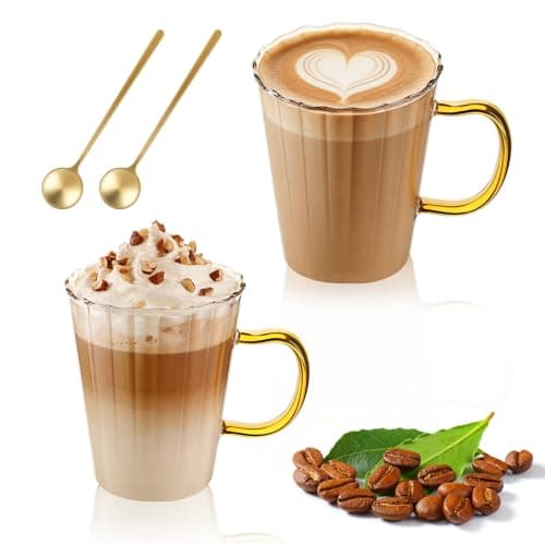 Image of LOOFORE Glass Coffee Mugs 350ml Set of 2, Classic Stripe Latte Glasses for Hot/Cold Drinks with Handle & Spoon, Borosilicate Clear Ribbed Tea Cups for Cappuccino Macchiato Espresso Tea Milk Juice Beer