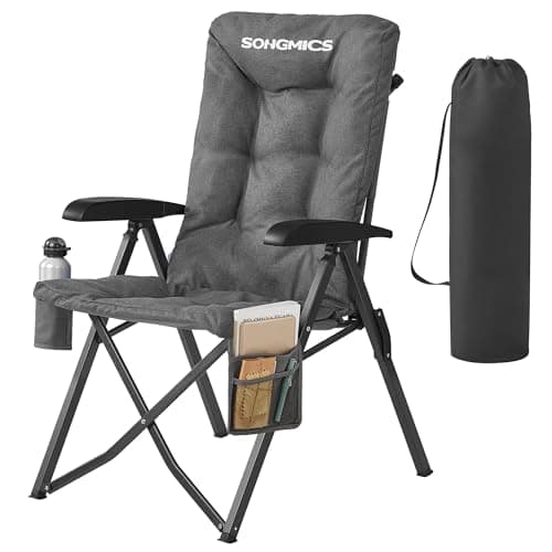 Image of SONGMICS Camping Chair for Adults, 95°-150° Reclining, 6 cm Thick Padded Folding Garden Chair, Adjustable High Back, Cup Holder, Side Pocket, Carry Strap Bag, Garden Dining Fishing, Grey GCB016GZ01
