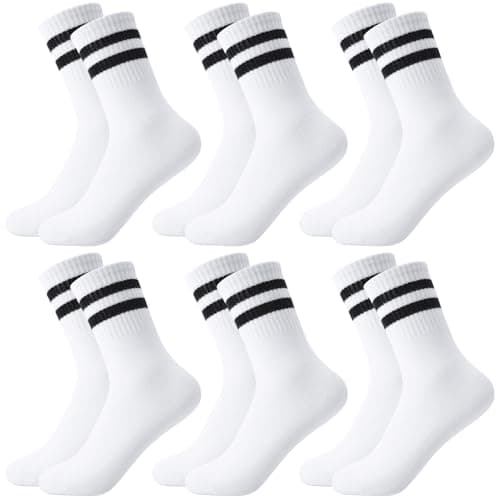 Image of Meng Jiaran 6 Pairs Mens Socks, Breathable Striped Crew Socks, Breathable White Cotton Sports Sock Athletic Running Sock for Men and Women UK 9-11