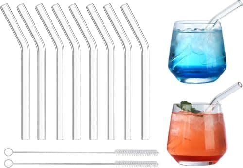 Image of Short Glass Straws, 6 in x 10 mm Reusable Clear Glass Curved Cocktail Straw for Whiskey, Coffee, Soda, Water, Pack of 8 with Brush (Bent Straws)