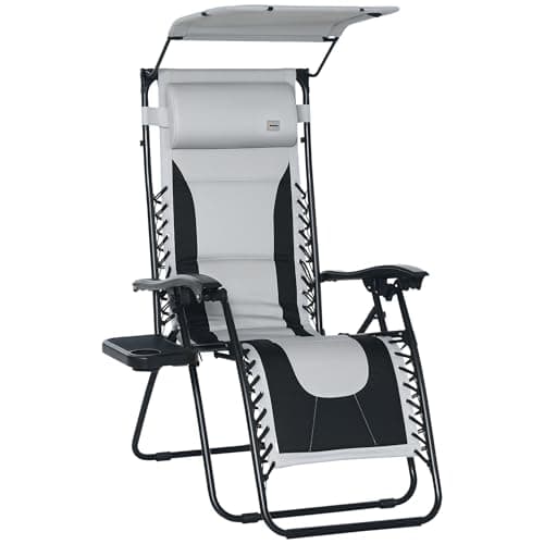Image of Outsunny Zero Gravity Lounger Chair, Folding Reclining Patio Chair with Shade Cover, Padded Seat, Cup Holder, Soft Cushion and Headrest for Poolside, Camping, Grey