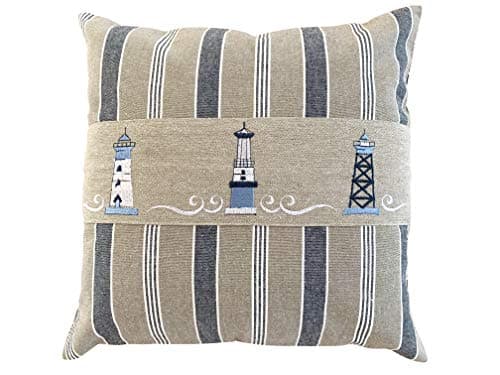 Image of Eight Owls Nautical Pillow Cover –– Cotton Decorative Embroidered Design – Natural, Navy Blue and White - Size 40cm X 40cm (16”x16”) (Lighthouse)