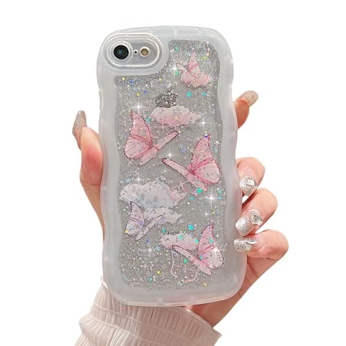 Image of ZTUOK Compatible with iPhone 6/6S Case for Girls Women,Cute Clear Sparkly Bling Star Butterfly Pattern Curly Simple Wave Case Shockproof Protective Slim Soft TPU Glitter Cover for iPhone 6/6s-White