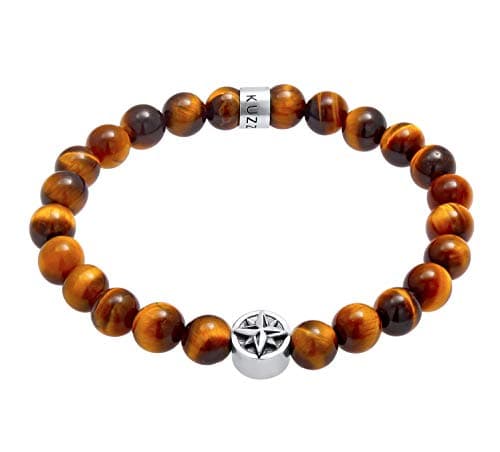 Image of Kuzzoi Buddha Men's Bracelet Made of 925 Sterling Silver, Natural Stone Bracelet, Tiger Eye with Silver Beads, Maritime Wind Rose Compass Symbol, Elastic, Length 23 cm