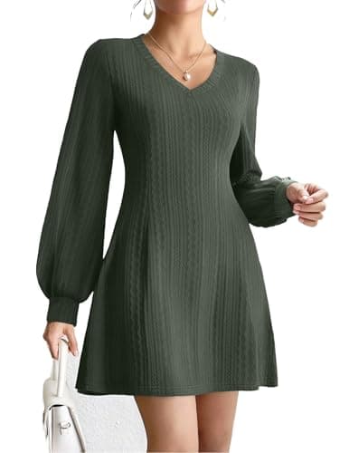Image of Zeagoo Ladies Dresses Long Sleeve V-Neck Work Dresses Elegant Cable Lantern Sleeves Christmas Dresses Dark Green S